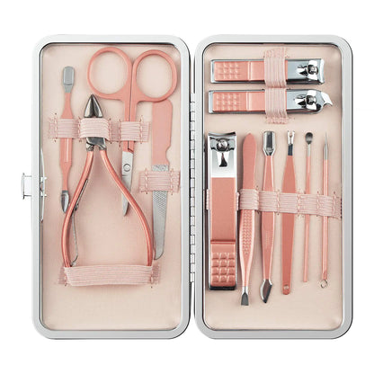 Manicure Set 12 In 1 Stainless Steel Professional Pedicure Kit Nail Scissors Grooming Kit with Pink Leather Travel Case Pink