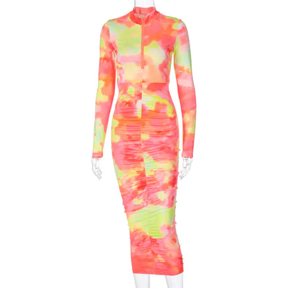 Sexy Zipper Long Sleeve Dress - Slim Fit Midi Dress