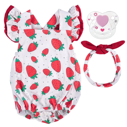 BABESIDE 3Pcs Reborn Baby Doll Clothes for 17- 22 Inch Dolls Strawberries Baby Doll Clothes Outfits fit Reborn Baby Dolls Baby Doll Accessories with Magnetic Pacifier for Newborn Baby Doll Girl