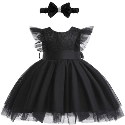 Weileenice Black Flower Baby Girl Tulle Dress 6M/ 6-12 Flutter Sleeve Sheer Back Newborn Girls 1st Birthday Party Wedding Outfit Lace Bow Headband Toddler Photo Shoot Formal Tutu Dresses Christmas