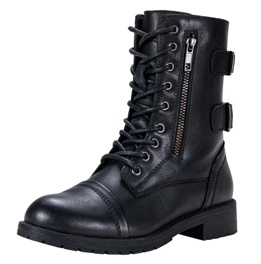 Vepose Womens 929L Leather Combat Boots Mid Calf Lace-up Boots Black Size 10 US-with Pocket Wallet(CJY929L Black 10)