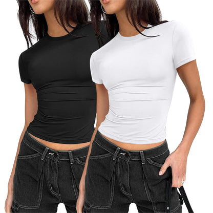 Zeagoo Fitted T Shirts for Women 2 or 3 Piece Short Sleeve Shirts Summer Basic Crewneck Y2k Tops