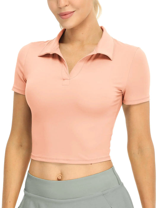 icyzone Womens Cropped Short Sleeve Polo Shirts for Workout Golf Tennis (Pink L)