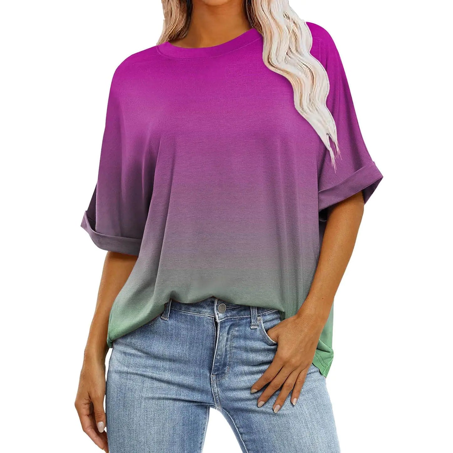 Oversized Tshirts for Women Half Sleeve Cute Summer Crew Neck T Shirts Tie Dye Elbow Length Tee Shirts Trendy 1/2 Sleeve Tunic Tops to Wear with Leggings Casual Spring Blouses 2024Hot PinkXxl