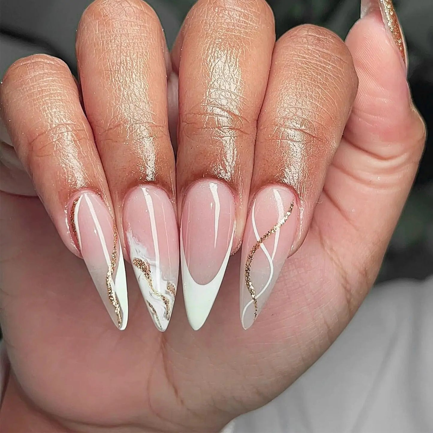 White French Tips Press on Nails with Sparkly Curve Line Design Glossy Gold Glitter Medium Almond False Nails Gel Glue on Nails Marble Manicure Art Acrylic Fake Nails Stick on Nails for Women 24Pcs