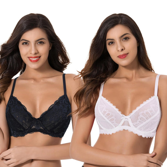 Curve Muse Semi-Sheer Balconette Underwire Lace Bra and Scalloped Hems (2 Pack)-CreamBlack-44DD