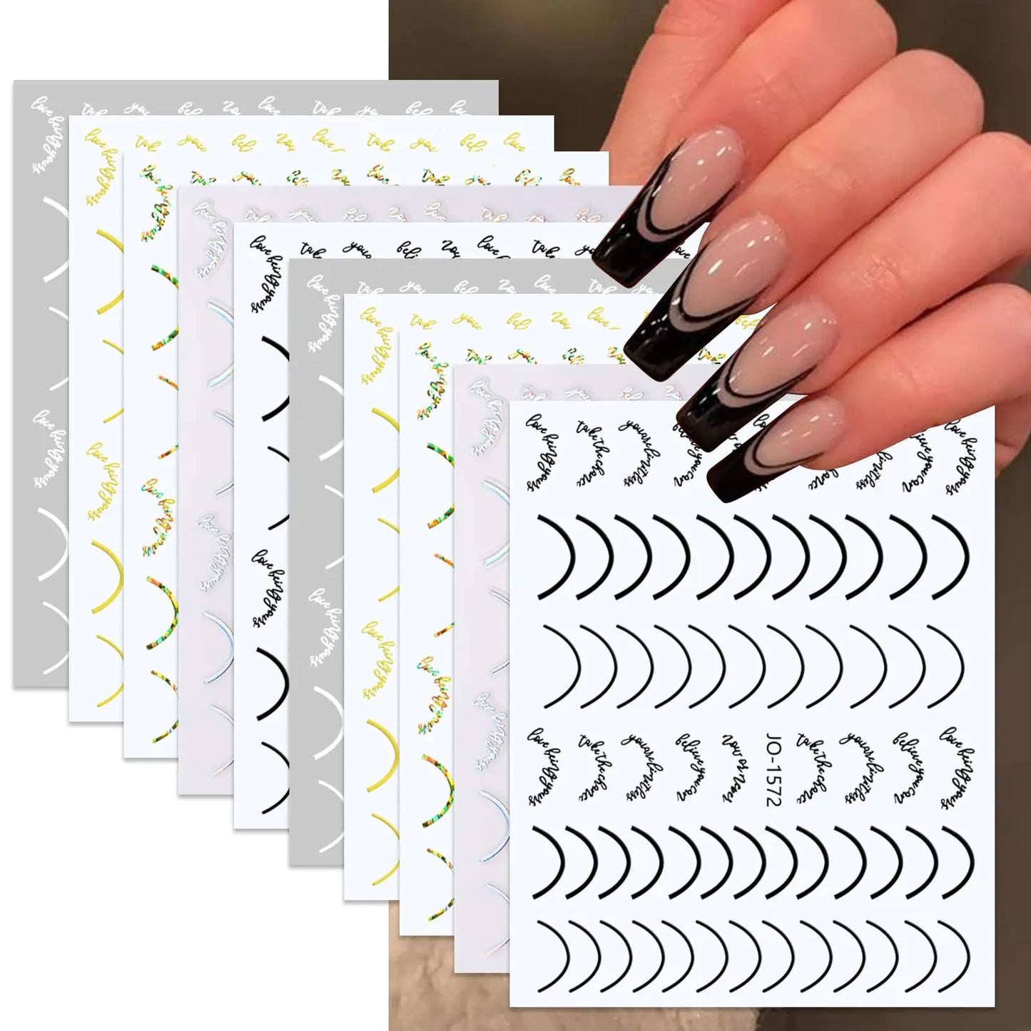ROFIBUT French Nail Art Stickers Curve Line Nail Decals 3D Self-Adhesive Metal U-Shaped Lines Stripe Nail Sliders Holographic Gold Silver Line Design for Women Girls Nail Decorations 10 Sheets