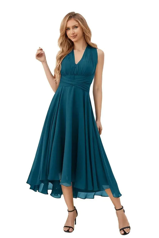DREAMIND Multi-Way Long Chiffon Mother of The Bride Dresses V Neck Convertible Fitted Teal Formal Evening Gown 6