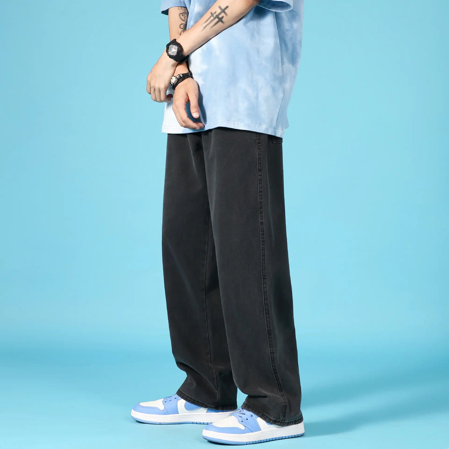 Men's Straight Loose Cargo Denim Pants with Zipper