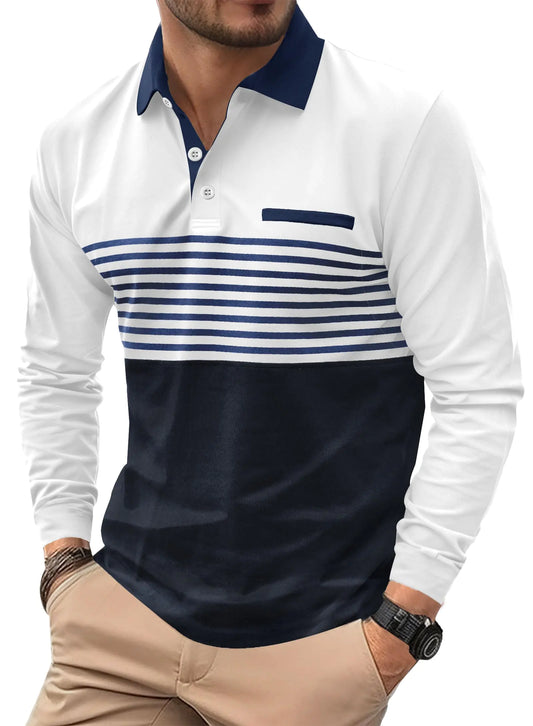 VOGSTART Mens Rugby Polo Shirts Collar Pullover Work Fashion Long Sleeve Cotton Casual Poloshirt White XXL