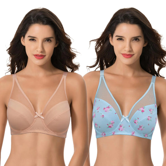 Curve Muse Womens Plus Size Minimizer Unlined Underwire Full Coverage Bra-2 Pack-NudeLt Blue (Size:34C)