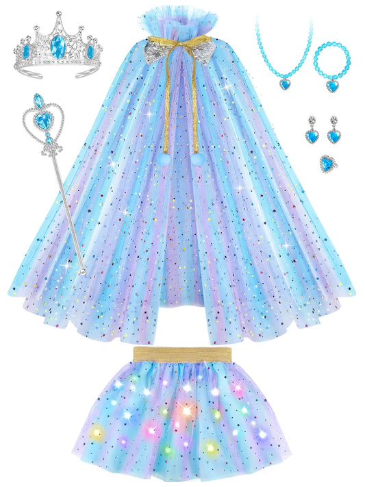 Popsunny Princess Dress up for Girls 3 4 5 6 7 8 Kids Blue Purple Cape with Light Up Skirt Princess Dresses for Toddler Birthday Party Gift
