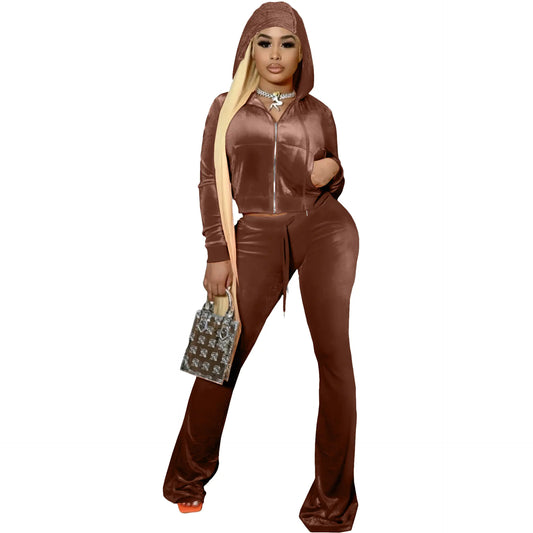 F172 Women's Velvet Hooded Tracksuit Set for Fall/Winter