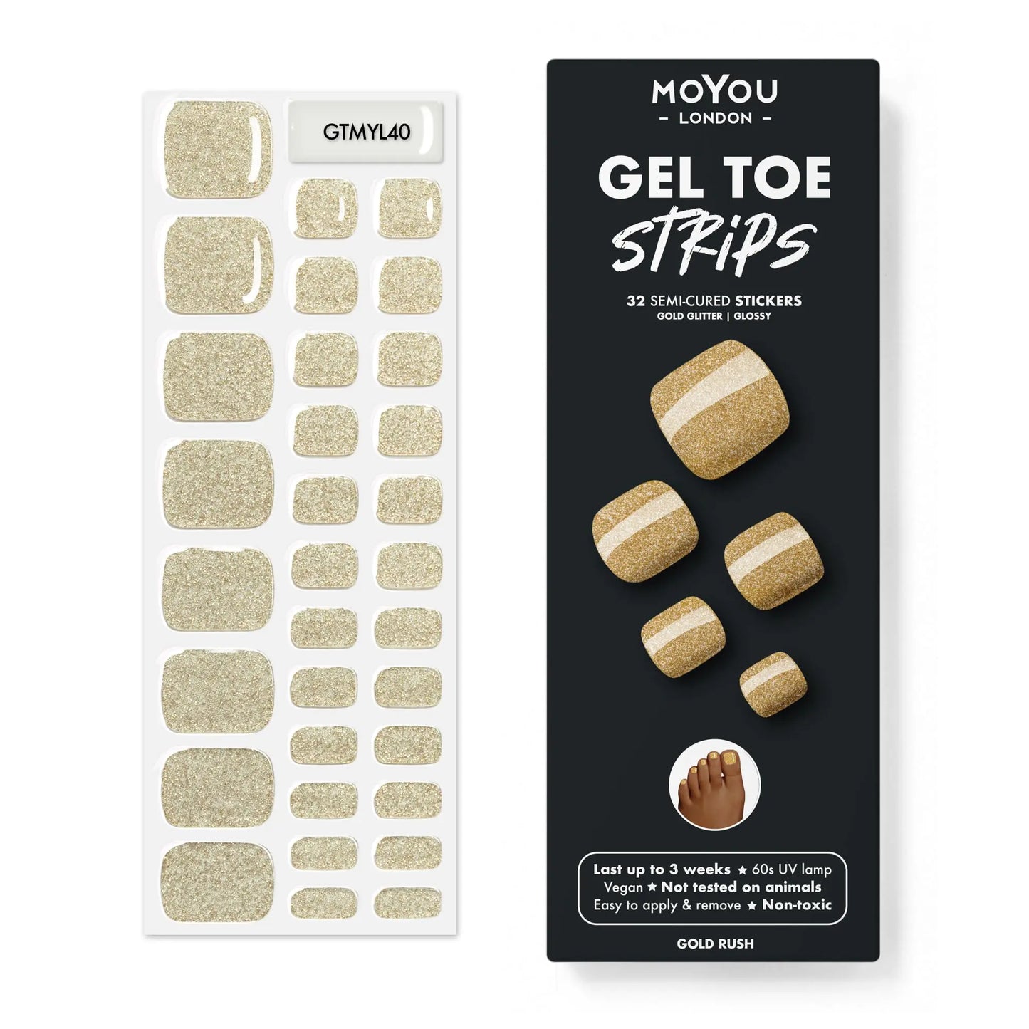 MOYOU LONDON Semi Cured Gel Nail Strips 32 Pcs. Gel Wraps Easy Apply & Remove for Salon-Quality Pedicure Works with Any Nail Lamps