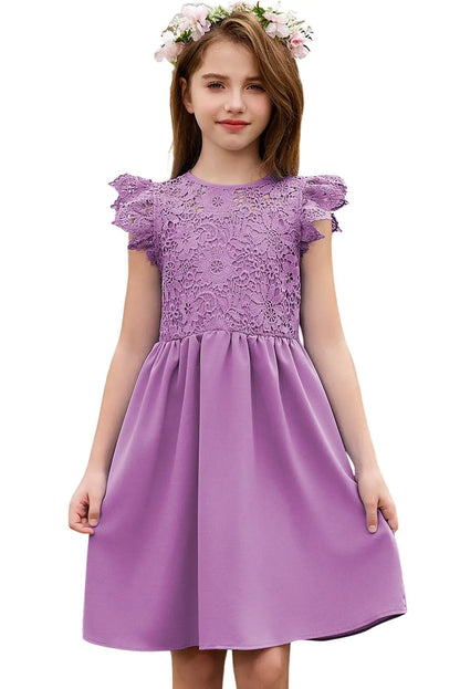 blibean Tween Girls Dress Summer Fashion Sleeveless Semi Formal Dresses Kids Solid Lace 2025 Midi Wedding Gust Bridesmaid Outfits Elegant Fancy Party Flare Clothes Size 6-7 Years Purple