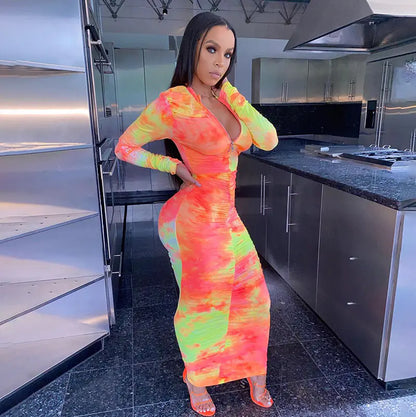 Sexy Zipper Long Sleeve Dress - Slim Fit Midi Dress