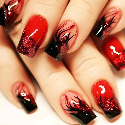 Fire Print Press on Nails with Burning Flame Design Short Square False Nails 24 Pcs Glossy Silver Glitter Acrylic Fake Nails Gel Glue on Nails Black Curve Line Fire Stick on Nails for Coquette Women