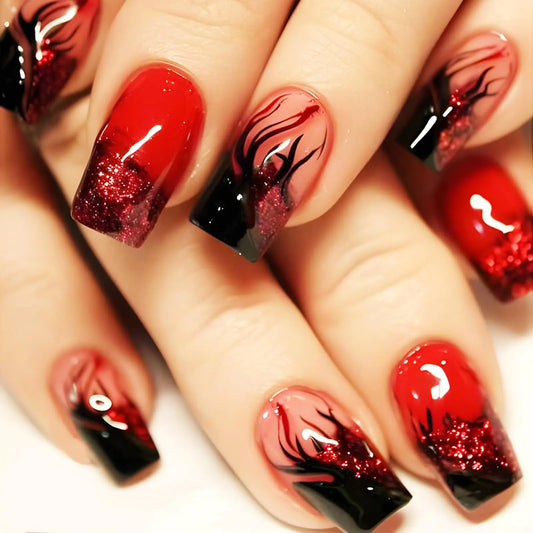 Fire Print Press on Nails with Burning Flame Design Short Square False Nails 24 Pcs Glossy Silver Glitter Acrylic Fake Nails Gel Glue on Nails Black Curve Line Fire Stick on Nails for Coquette Women