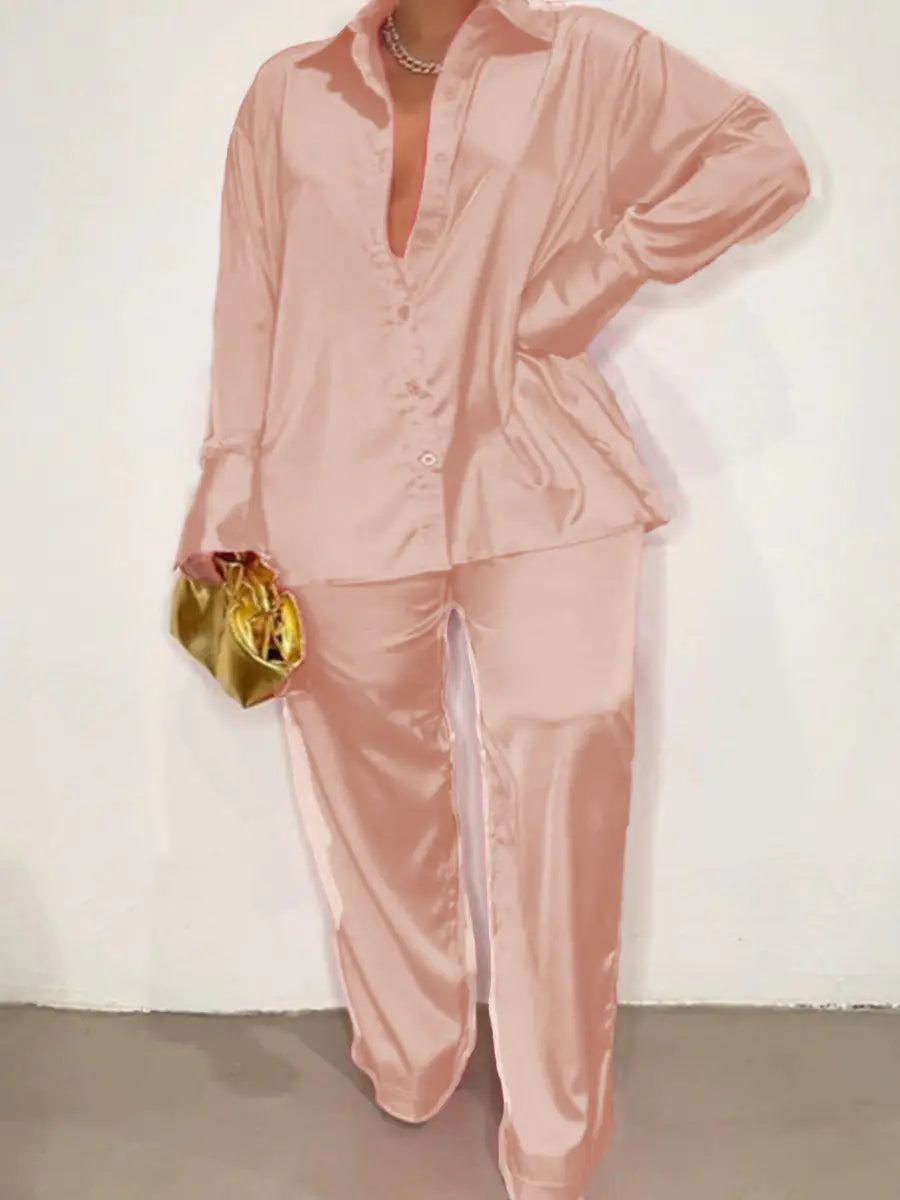 Elegant Plus Size Satin Tracksuit with Wide Leg Pants
