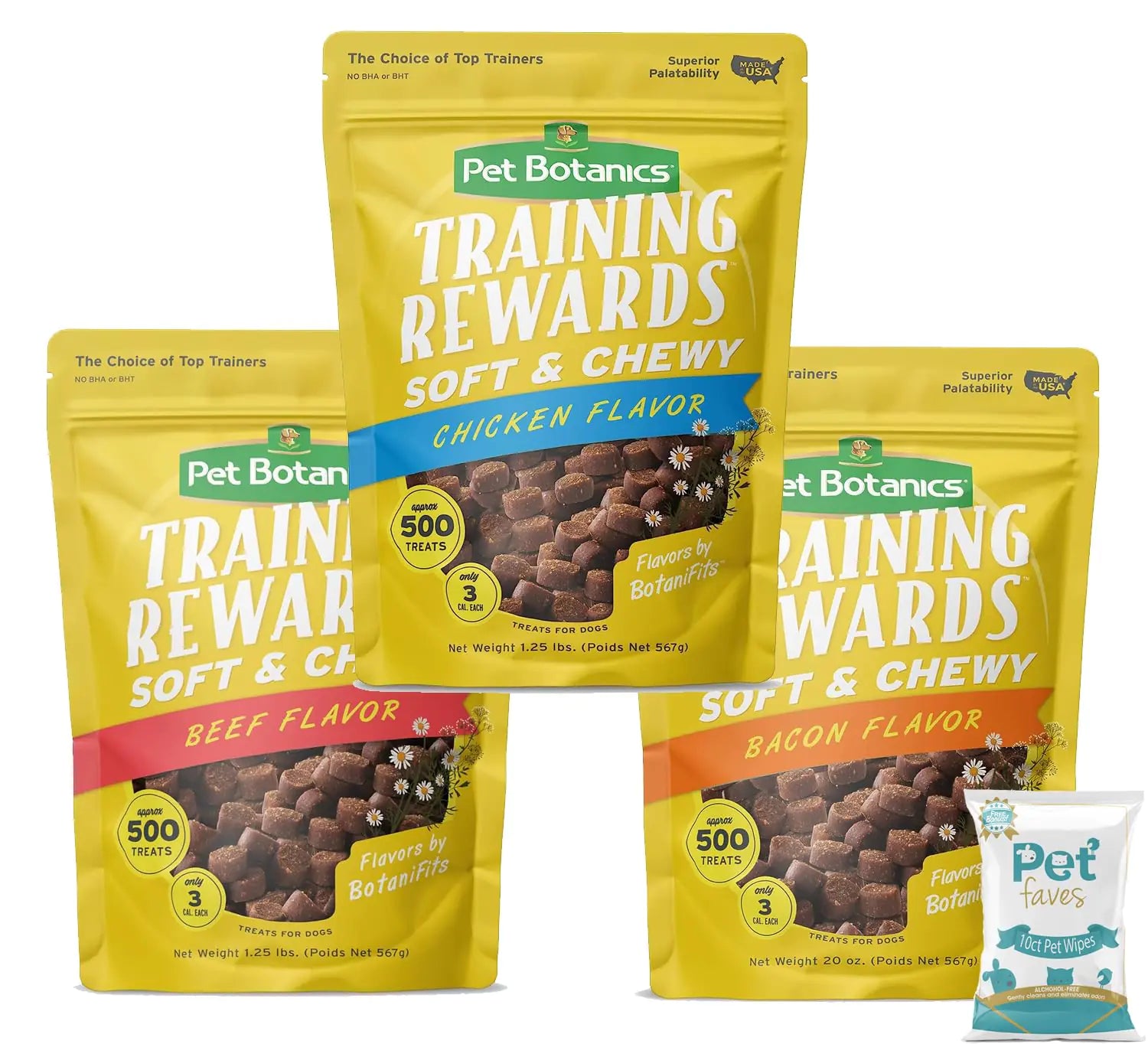 (3 Packs) Training Rewards Treats for Dogs Speeds Up Learning Curve No BHA BHT Ethoxyquin Bacon Beef Chicken 20 oz with 10ct pet Wipes