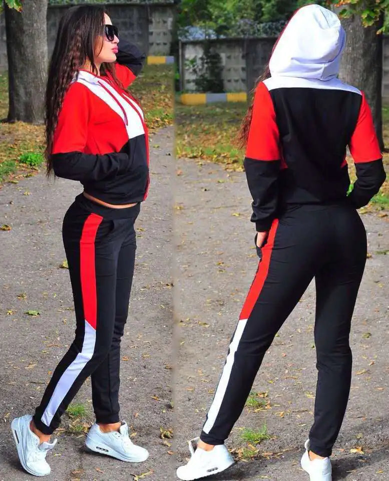 2020 Women's Color Block Hooded Knit Tracksuit Set