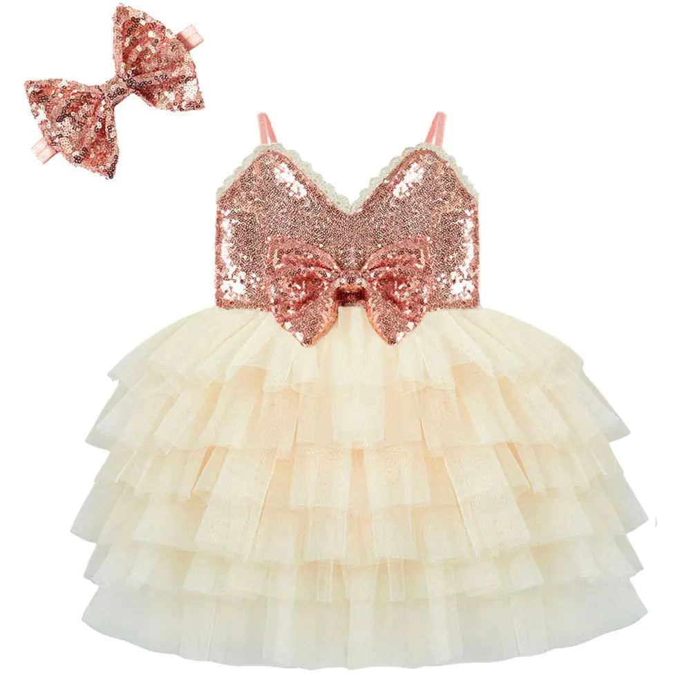 Cilucu Baby Flower Girls Dress Infant Sequin Tutu Dresses Kids Princess A-line Dress Kids First Birthday Party Dress Christmas Rose Gold Off White Size 6-12 Months