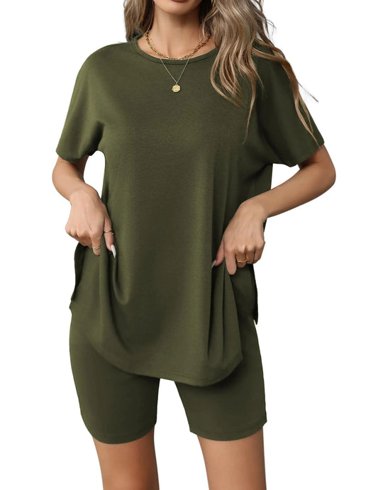 Ekouaer Womens Pajamas Set 2 Piece Cap Sleeve Loungewear Oversized Top Biker Shorts Set Tracksuit Army Green M