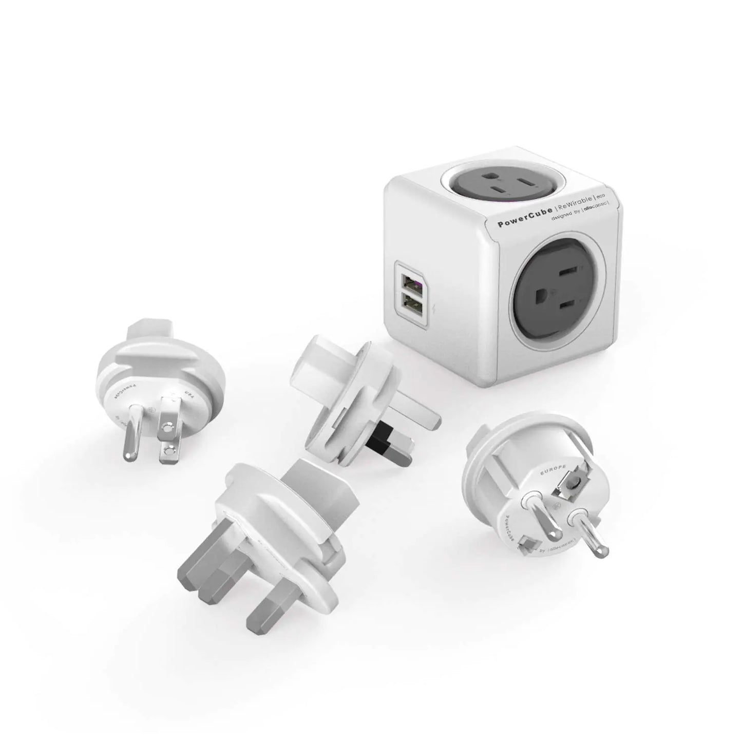 Travel Adapter Allocacoc PowerCube Rewirable USB 4 sockets and 2 USB Ports (TypeB sockets USB Grey)