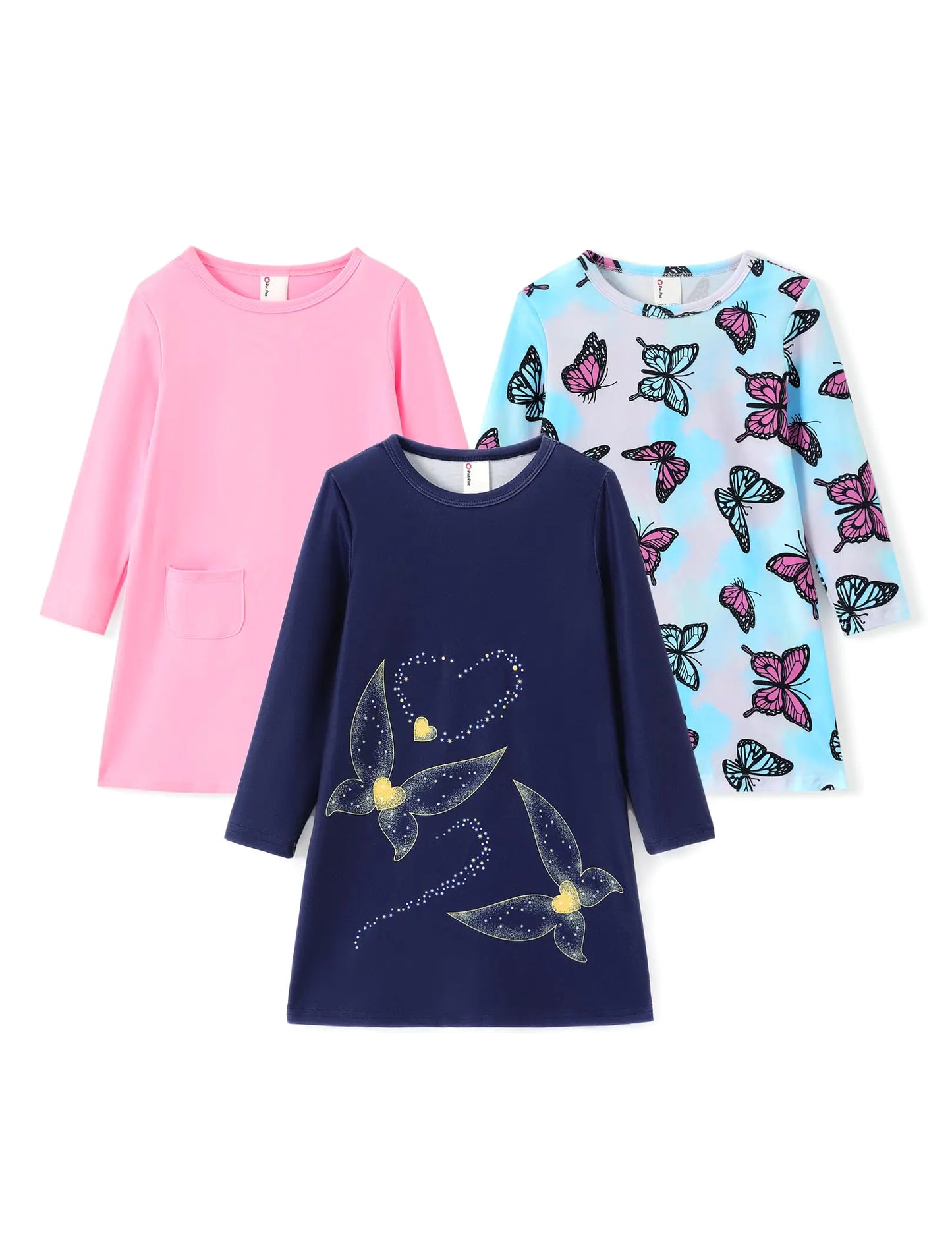 PATPAT 3 Pack Toddler Girl Casual Dress Long Sleeve Colorful Cartoon Basic Tunic Playwear Shirt Dresses with Pockets Blue Pink Butterfly 6-7 Years