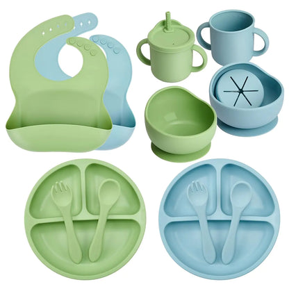MumEZ Silicone Baby Feeding Set Baby Led Weaning Utensils Adjustable Silicone Bibs Baby Plates and Bowls with Suction Baby Spoons Forks Sippy Cup Baby Eating Essentials(Ether&Sage)