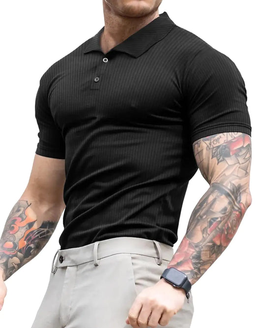 Lehmanlin Mens Muscle Polo Shirts Short Sleeve Casual T- Shirts Slim Fit Stretch Ribbed Golf Tops（Black/XS）