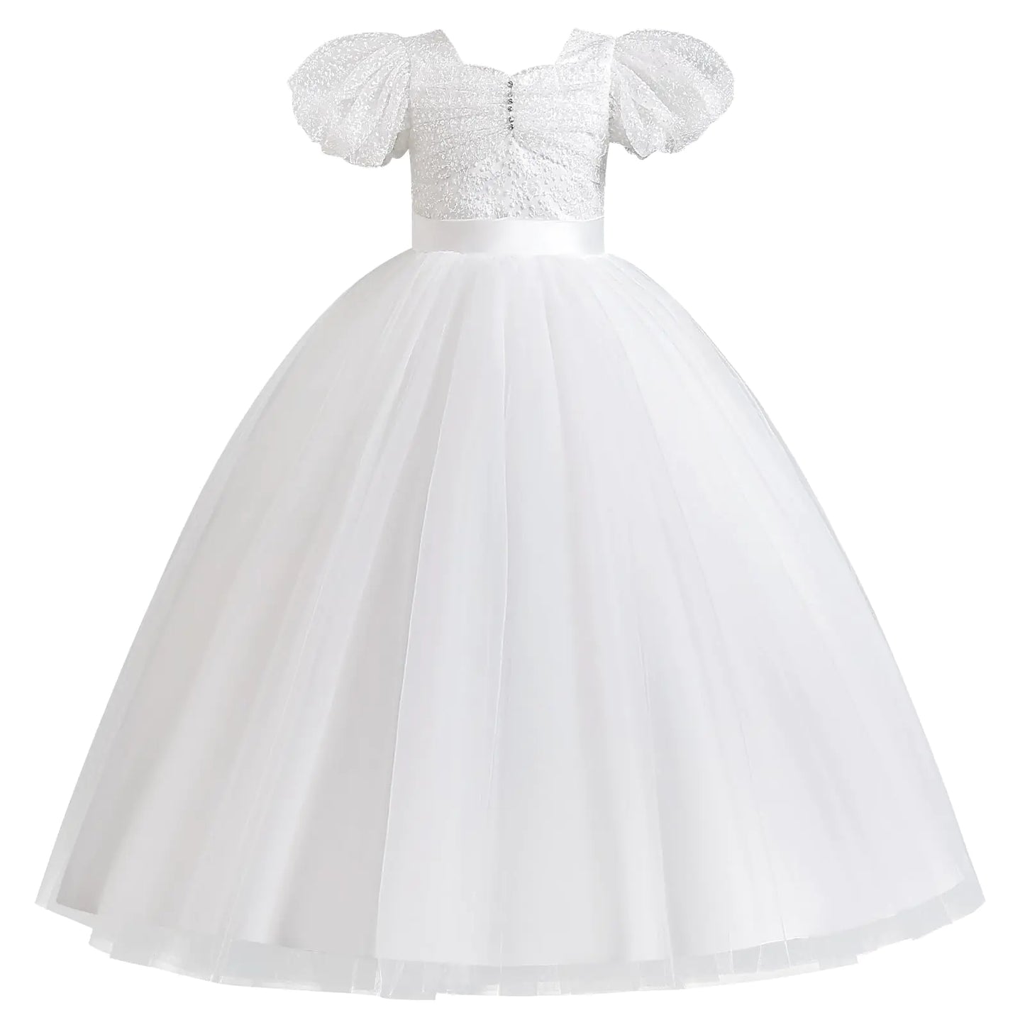 Flower Girls Tulle Dress: Formal Ball Gown Tulle Tutu Dresses Wedding Bridesmaid Princess Evening Party Pageant Fairy Dance Stage Perfermance Photoshoot Dress with Bow White 6-7 Years