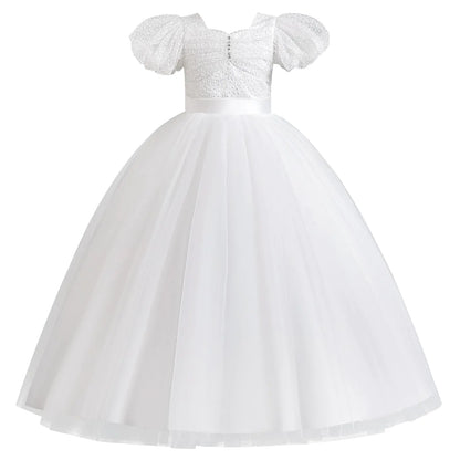 Flower Girls Tulle Dress: Formal Ball Gown Tulle Tutu Dresses Wedding Bridesmaid Princess Evening Party Pageant Fairy Dance Stage Perfermance Photoshoot Dress with Bow White 6-7 Years