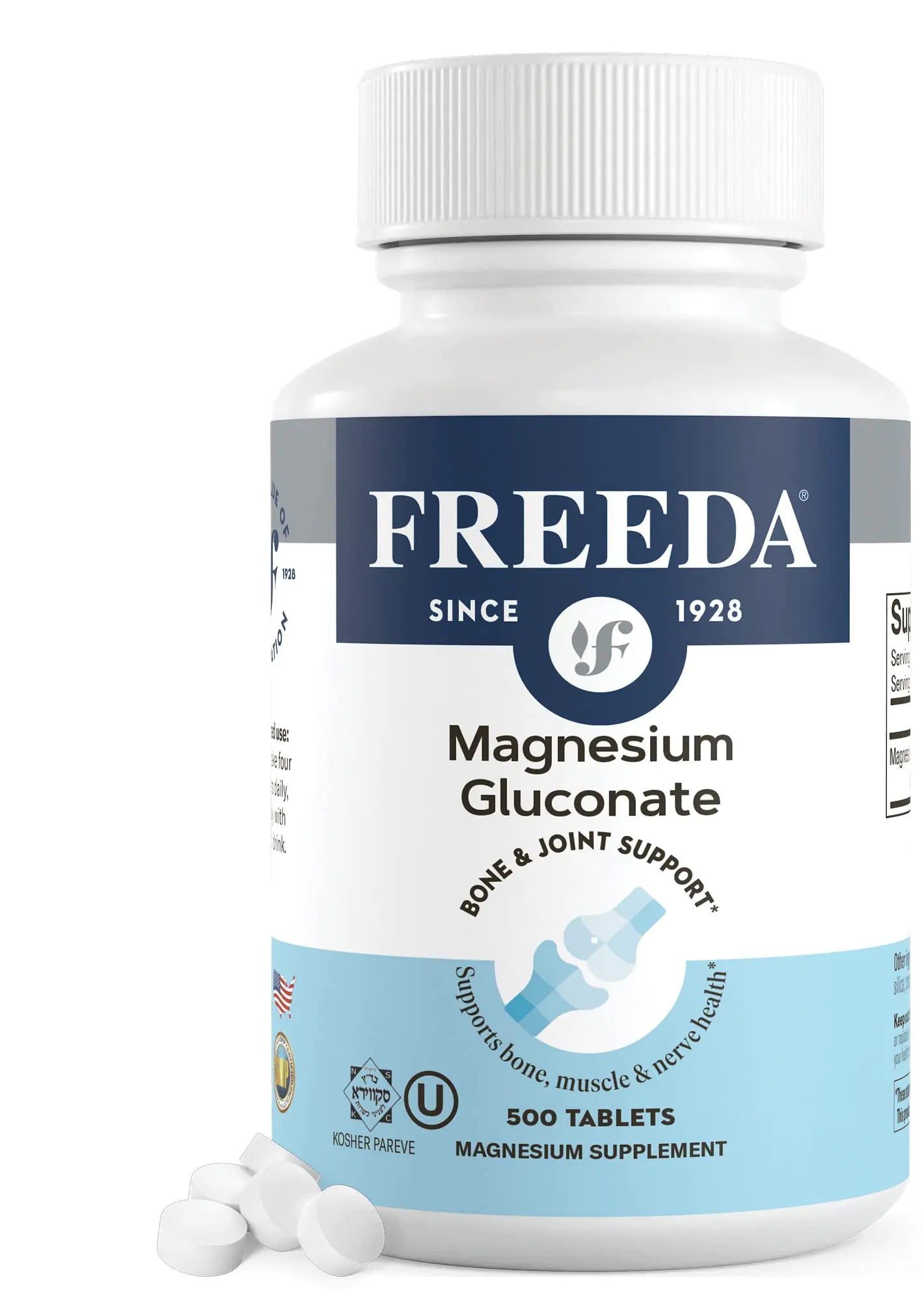 Freeda Magnesium Gluconate - Kosher Vegan Magnesium Supplement for Men & Women - Leg & Muscle Cramp and Spasm Relief - Natural Muscle Relaxer - Magnesio Vitamins and Supplements (500 Tablets)