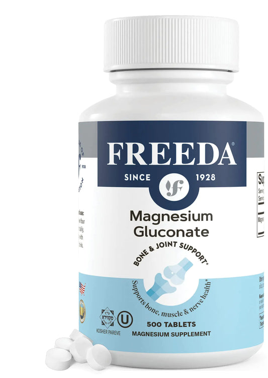 Freeda Magnesium Gluconate - Kosher Vegan Magnesium Supplement for Men & Women - Leg & Muscle Cramp and Spasm Relief - Natural Muscle Relaxer - Magnesio Vitamins and Supplements (500 Tablets)