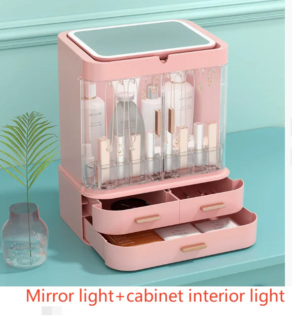 Mirror Integrated Light Desktop Large Capacity Lipstick Skin Care Products Cosmetics Storage Box