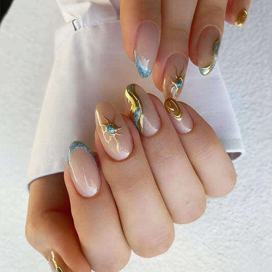 Gold Curve Line Press on Nails Medium Almond 24Pcs Glossy Blue French Tips Acrylic False Nails Sparkly Fake Nails Gel Glue on Nails for Manicure Silver Glitter Stick on Nails for Coquette Women Girls