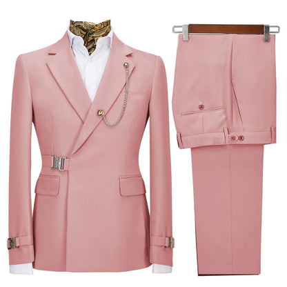 Mens 2 Piece Suit with Metal Clasp Slim Fit Suit Stylish Business Tuxedo Suit Set-46Pink