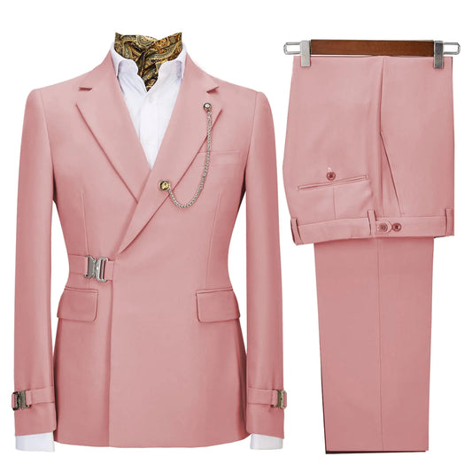 Mens 2 Piece Suit with Metal Clasp Slim Fit Suit Stylish Business Tuxedo Suit Set-46Pink