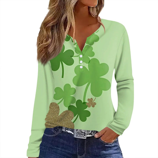 Flowy Tops for Women Funny Tshirts Shirts for Women Funny St Patricks Day Shirt Women V Neck Fashion Button Shamrock and Love Heart Print Women Long Sleeve Tops Womens Work Tops