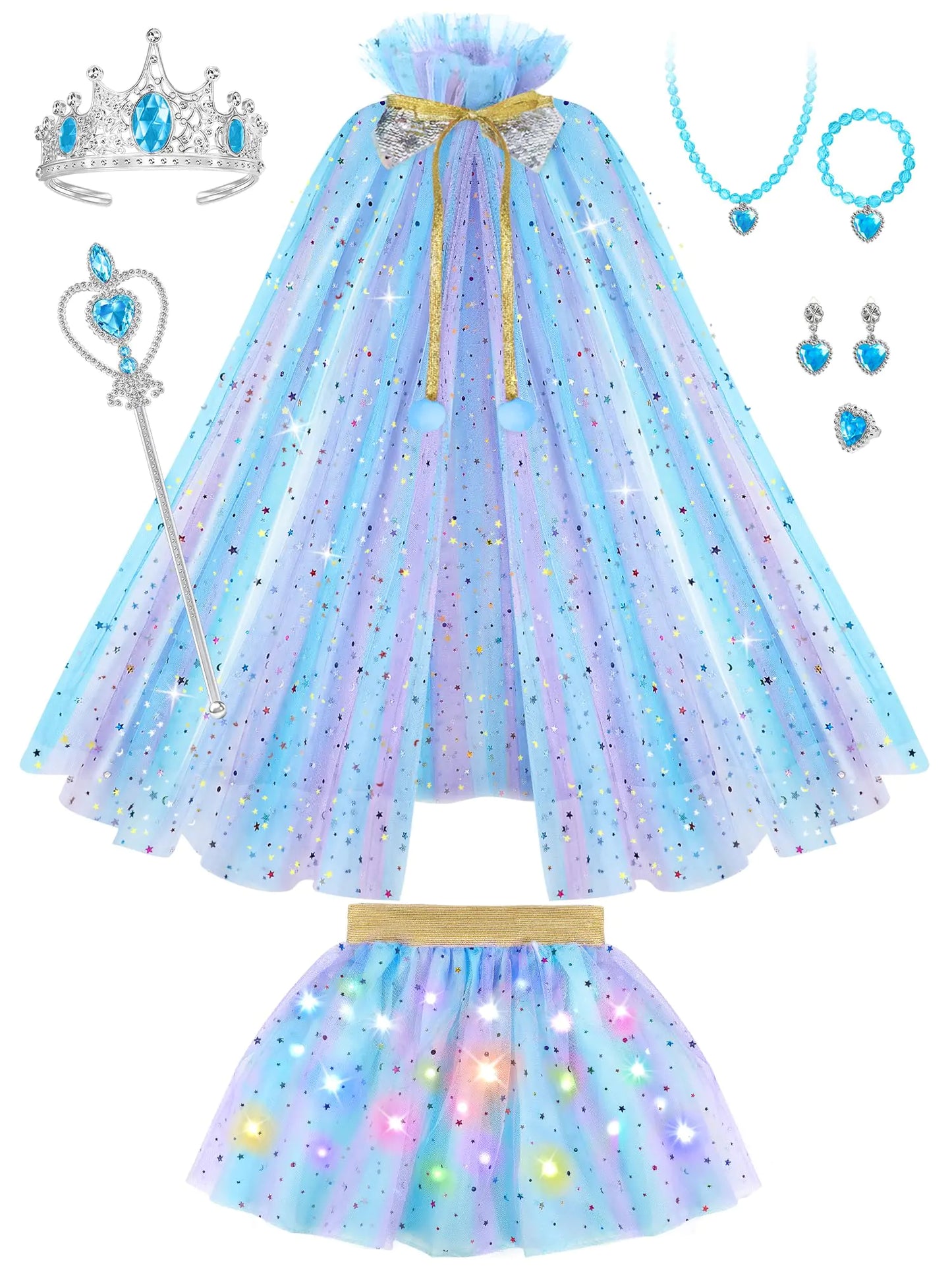 Popsunny Princess Dress up for Girls 3 4 5 6 7 8 Kids Blue Purple Cape with Light Up Skirt Princess Dresses for Toddler Birthday Party Gift