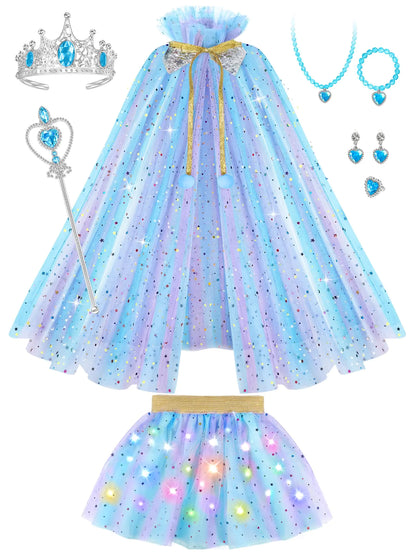 Popsunny Princess Dress up for Girls 3 4 5 6 7 8 Kids Blue Purple Cape with Light Up Skirt Princess Dresses for Toddler Birthday Party Gift