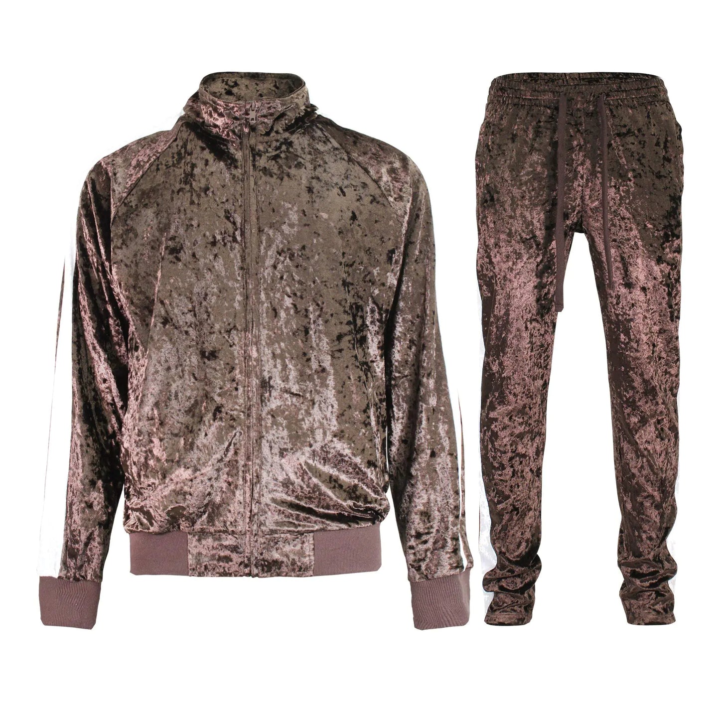G-Style USA Mens Velvet Velour Tracksuit Set - Zipper Jacket and Sweatpants ST851 - Brown - Small