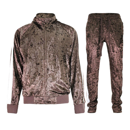 G-Style USA Mens Velvet Velour Tracksuit Set - Zipper Jacket and Sweatpants ST851 - Brown - Small