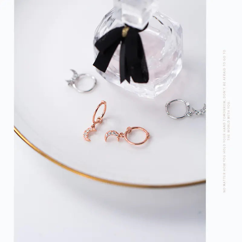 S925 Silver Moon Curve Earrings with Diamond Accents
