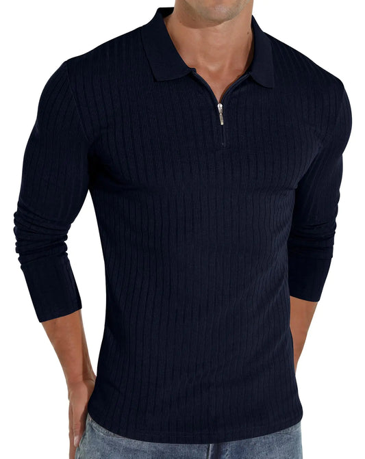 Askdeer Mens Polo Shirts Zip Slim Fit Polo T Shirt for Men Short Sleeve Casual Golf Shirt Navy Blue