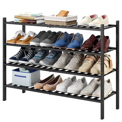 Furshus Long Shoe Rack 4-Tier Bamboo Stackable Shoe Shelf Storage Organizer Shoe Stand for Closet Entryway and Hallway(Black)