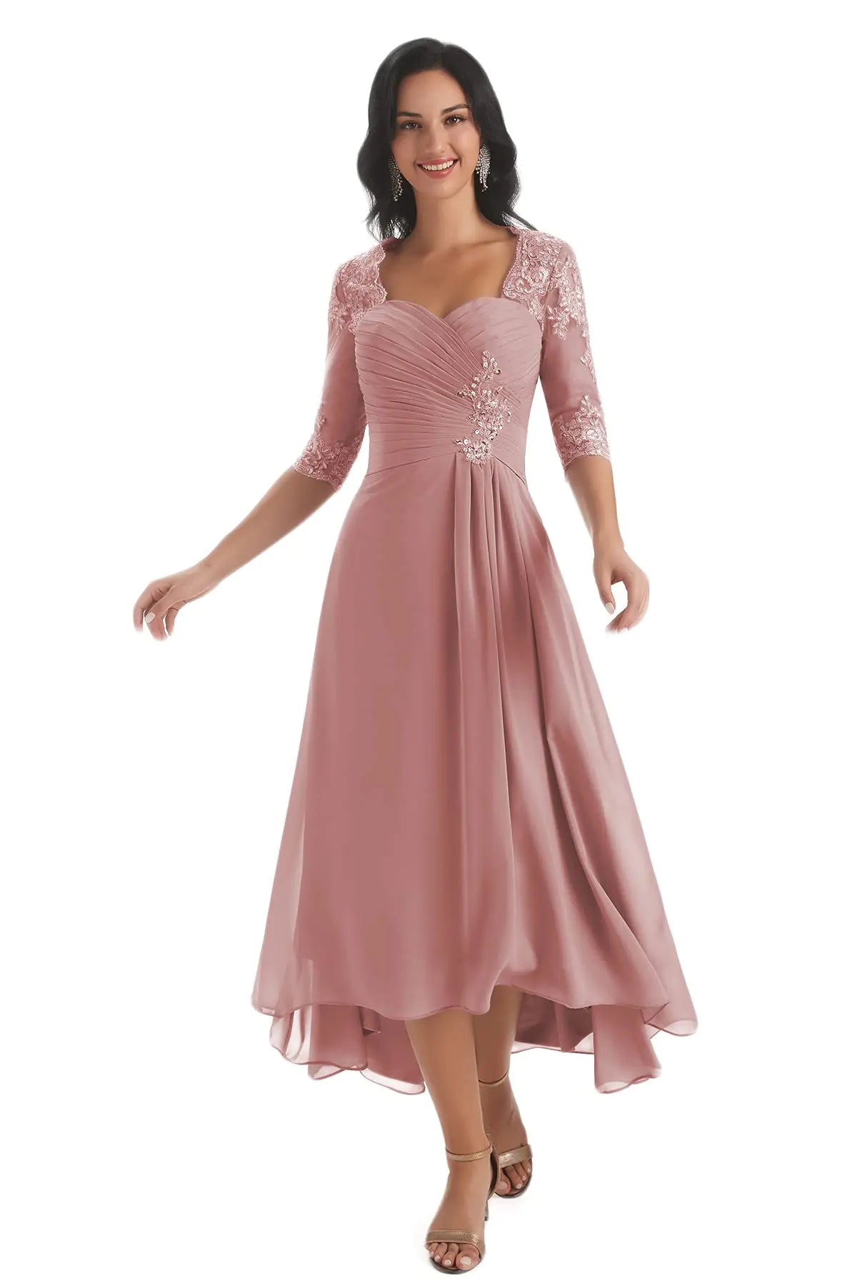Sukleet Petite Mother of The Bride Dresses for Beach Wedding Dusty Rose High Low Formal Dress 3/4 Sleeves Lace Applique Evening Gowns Size 6